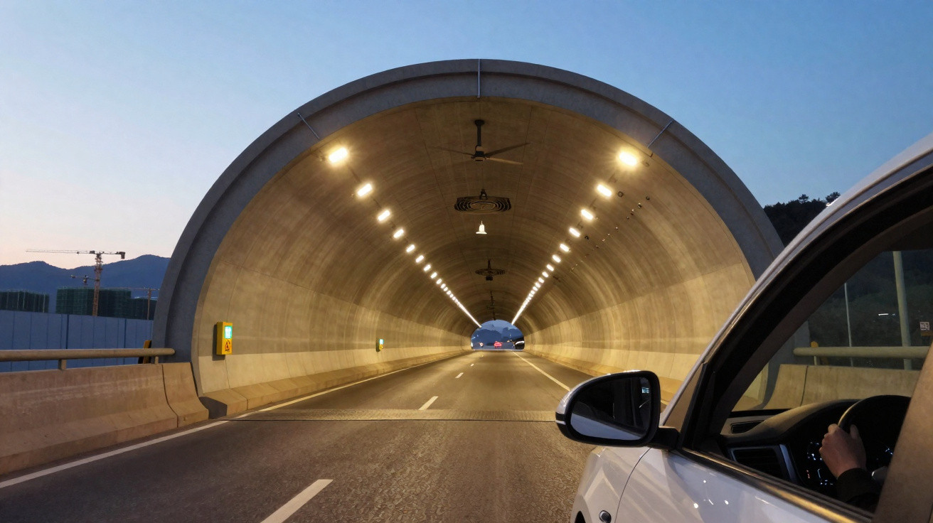 Fahrt durch beleuchteten Straßentunnel bei Dämmerung, Blick aus weißem Auto auf Fahrerhand am Steuer.