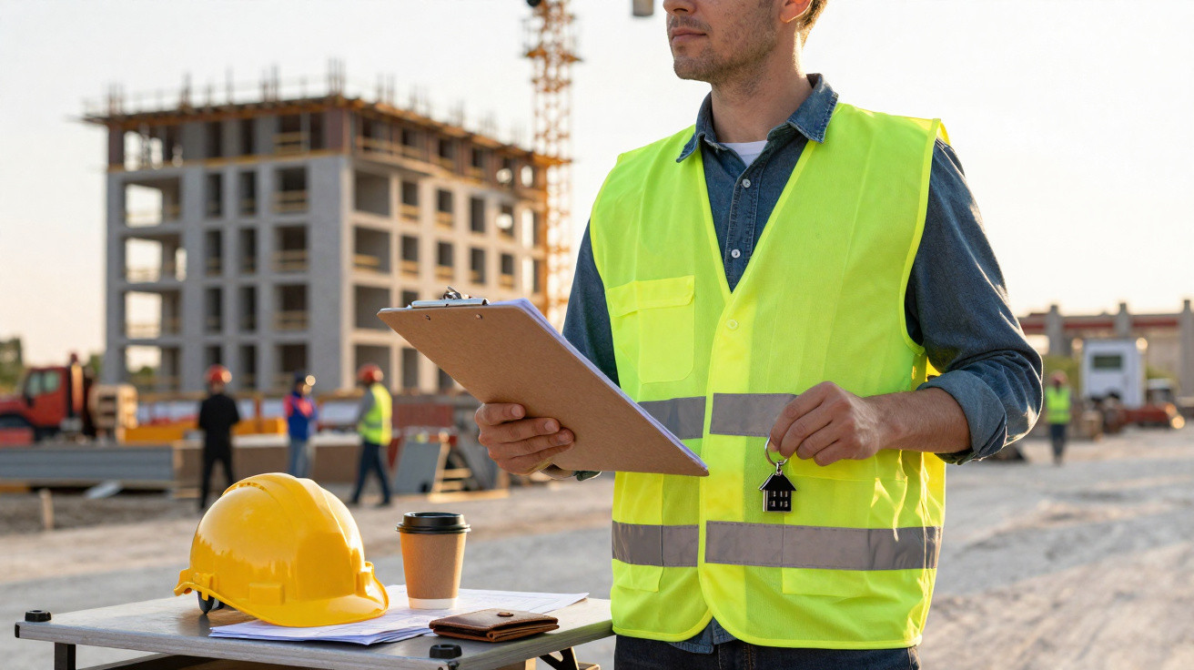 Bauleiter mit gelber Warnweste hält Schlüssel und Klemmbrett auf einer Baustelle mit Rohbau im Hintergrund.