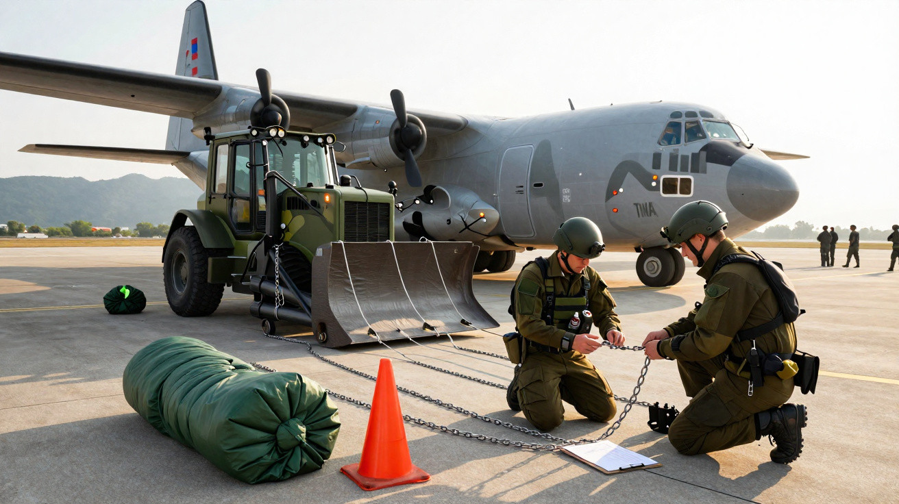 Zwei Soldaten befestigen Ketten an einer Plane, daneben ein Militärflugzeug und ein Traktor auf dem Flugfeld.
