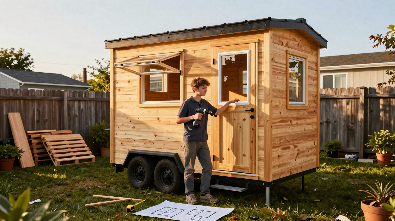 Jugendlicher repariert ein helles Holzhaus auf Rädern mit Bauplan und Werkzeug im Garten bei Sonnenschein.