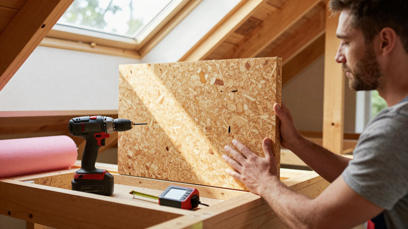 Mann arbeitet mit Bohrmaschine an Holzplatte in einem Dachboden mit Holzrahmen und Fenster.