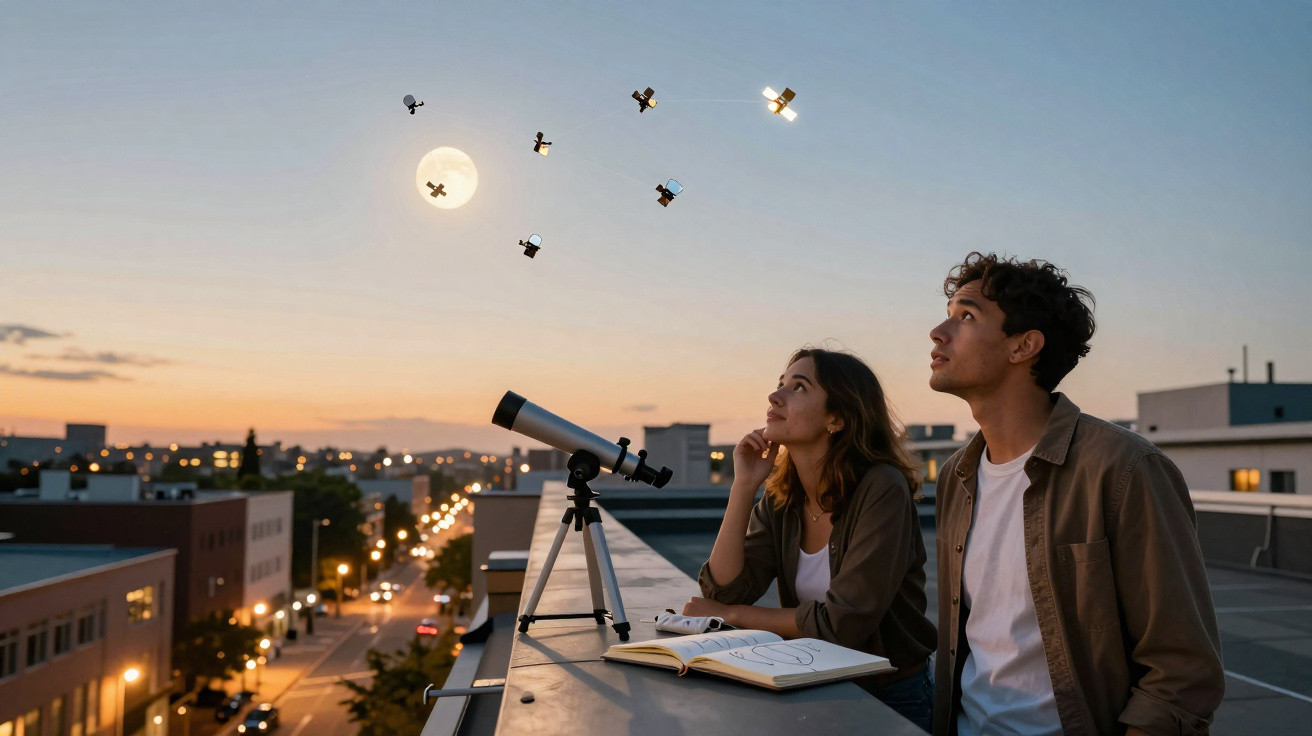 Junges Paar beobachtet mit Teleskop und Notizbuch den Mond und fliegende Miniaturflugzeuge bei Abenddämmerung.