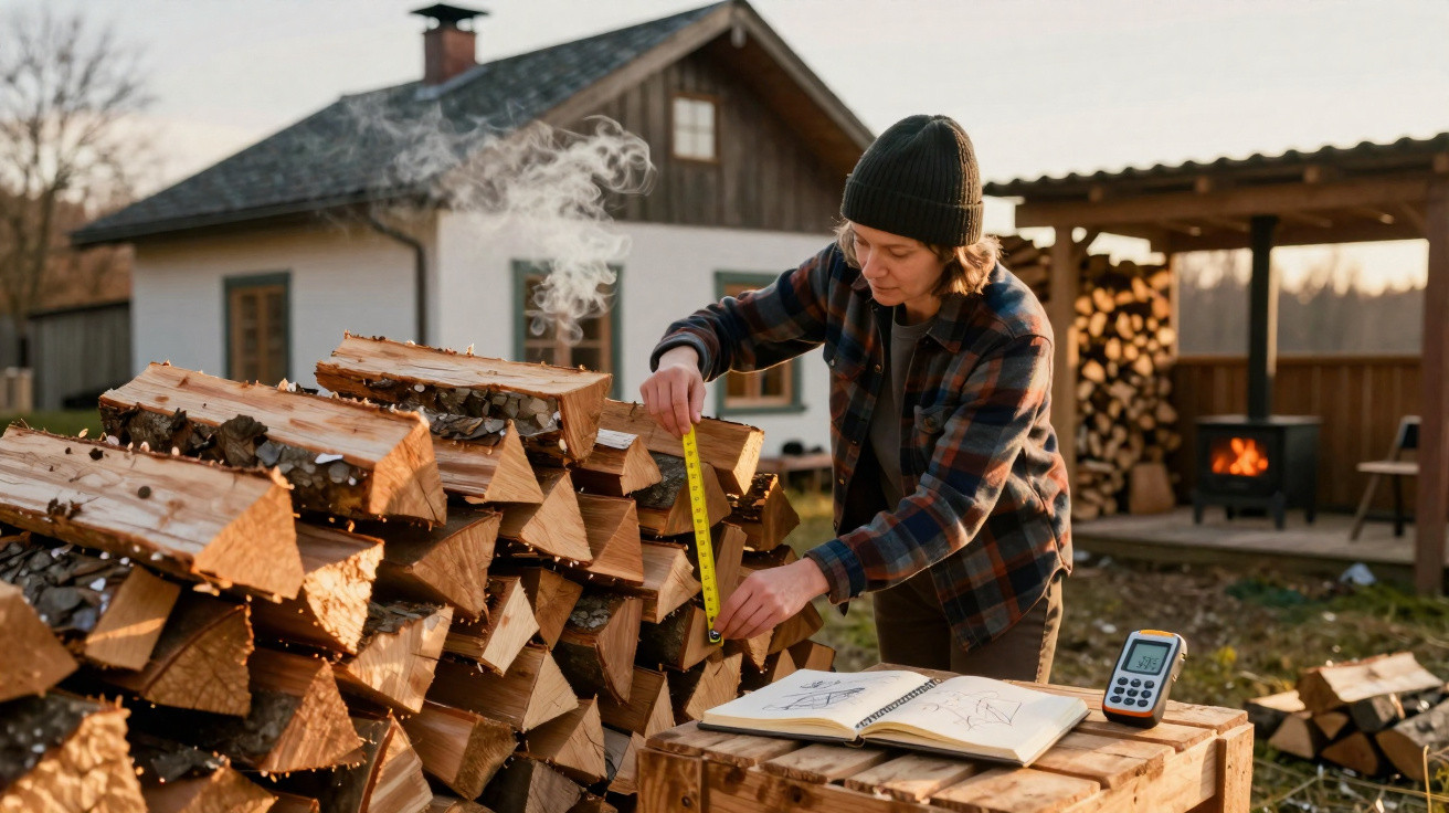 Frau misst Holzscheite und notiert Daten vor Holzstapel mit rauchendem Ofen im Hintergrund.