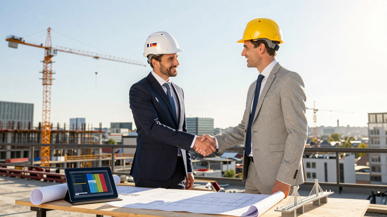 Zwei Geschäftsleute im Anzug mit Schutzhelmen schütteln sich auf einer Baustelle bei Bauplänen die Hand.