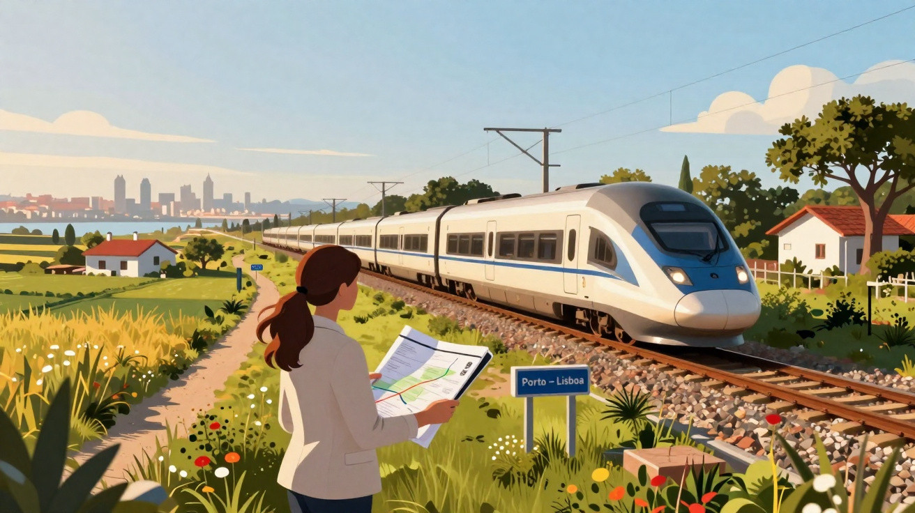 Frau mit Karte beobachtet modernen Zug, der durch ländliche Landschaft mit Häusern und Stadt im Hintergrund fährt.