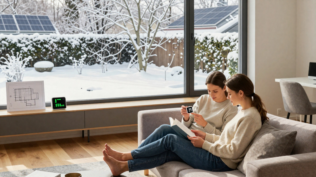 Zwei Frauen sitzen gemütlich auf einem Sofa, lesen ein Buch und betrachten ein digitales Gerät vor großem Fenster mit Winterb