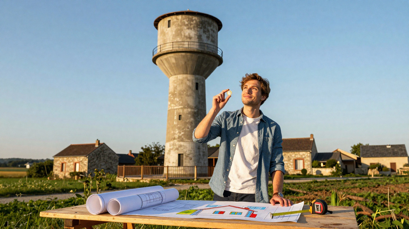Mann steht an Tisch mit Bauplänen, hält Reißzwecke, im Hintergrund alter Wasserturm und Häuser bei Sonnenschein.