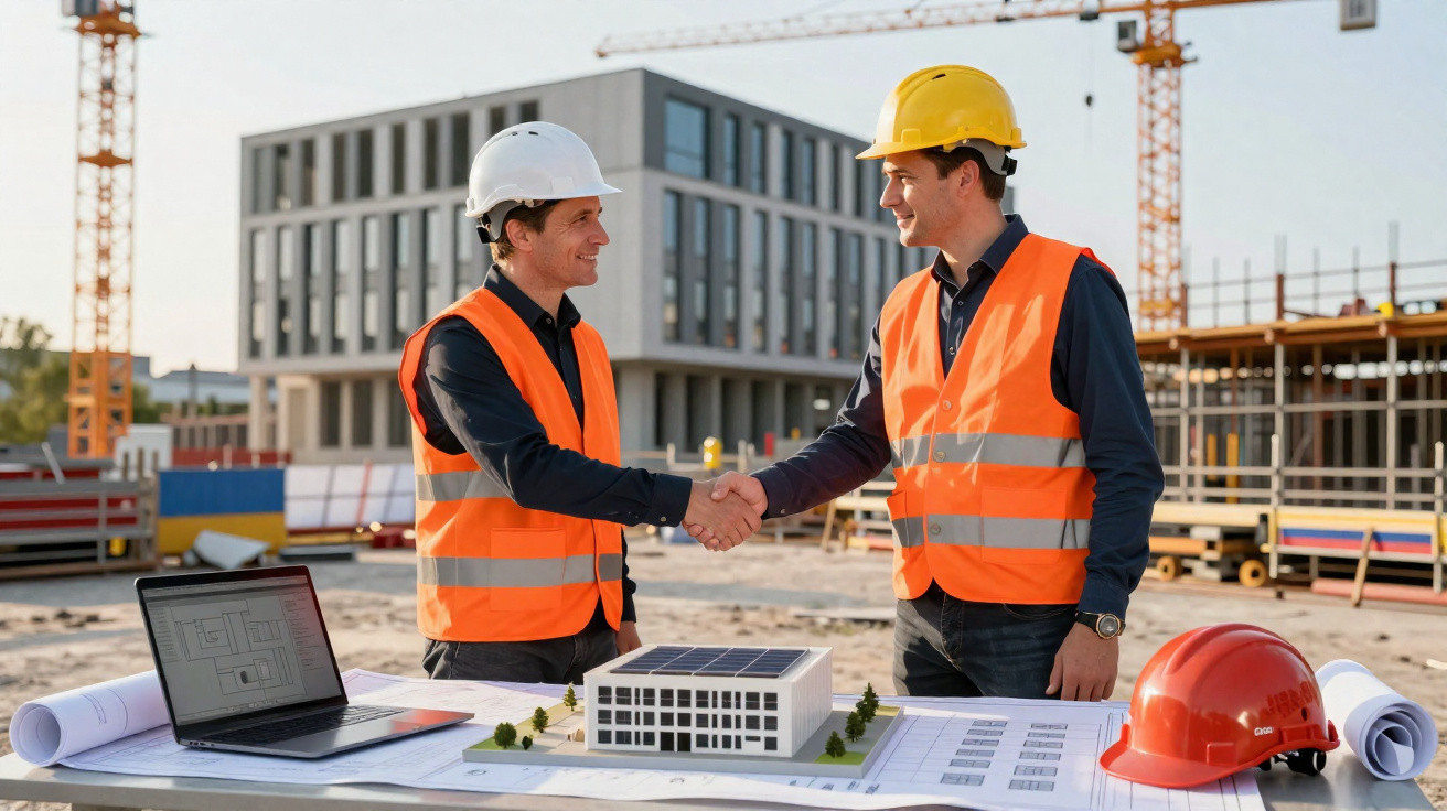 Zwei Bauingenieure mit Schutzhelmen und Warnwesten geben sich auf Baustelle die Hand vor Gebäudemodell und Bauplänen.