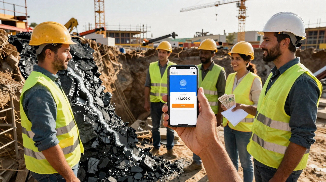 Fünf Bauarbeiter mit Schutzhelmen und Warnwesten auf Baustelle, eine Person hält Smartphone mit Geldanzeige.