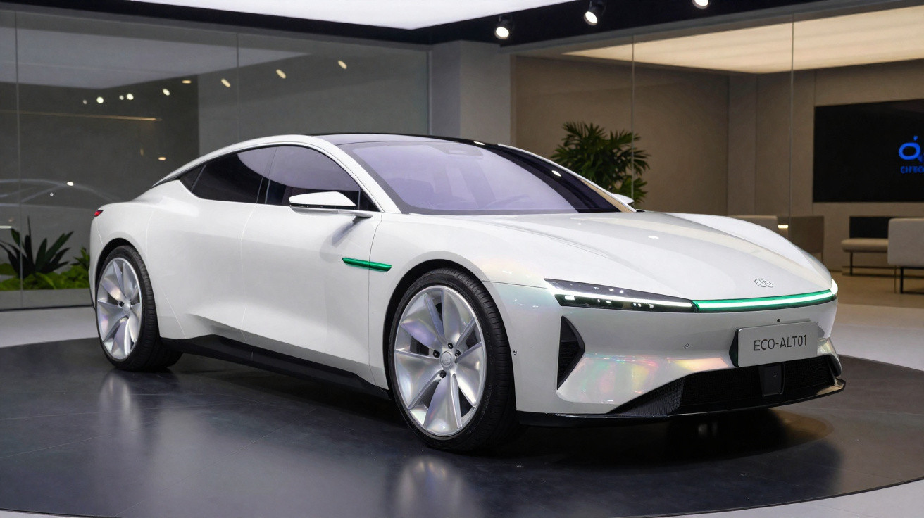Weißes Elektroauto mit modernem Design auf Messe in minimalistischem Showroom.