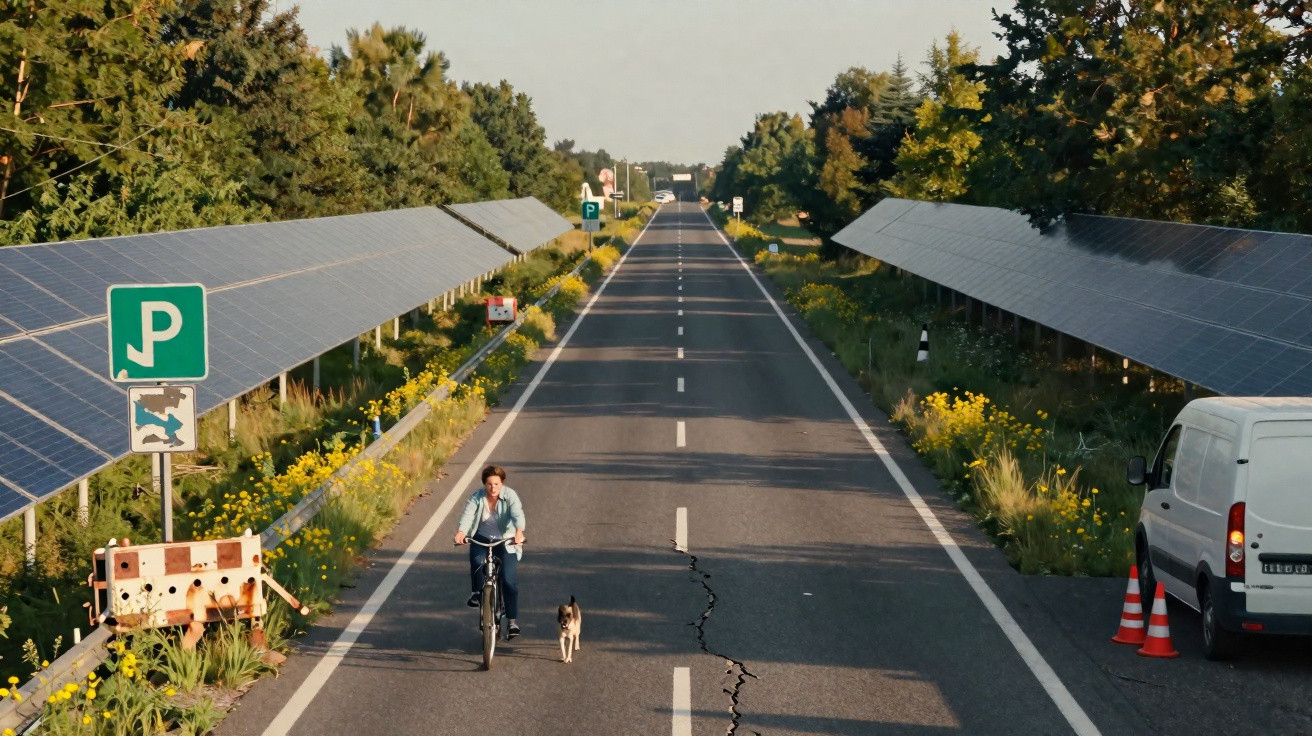 Fahrradfahrerin mit Hund auf Radweg zwischen großen Solaranlagen und parkenden Fahrzeugen.