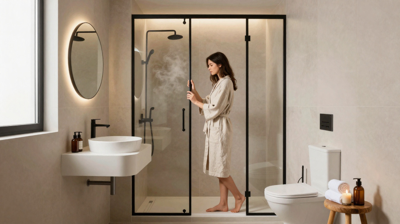Frau im Bademantel öffnet dampfende Duschtür in modernem, minimalistischem Badezimmer mit Waschbecken und Toilette.