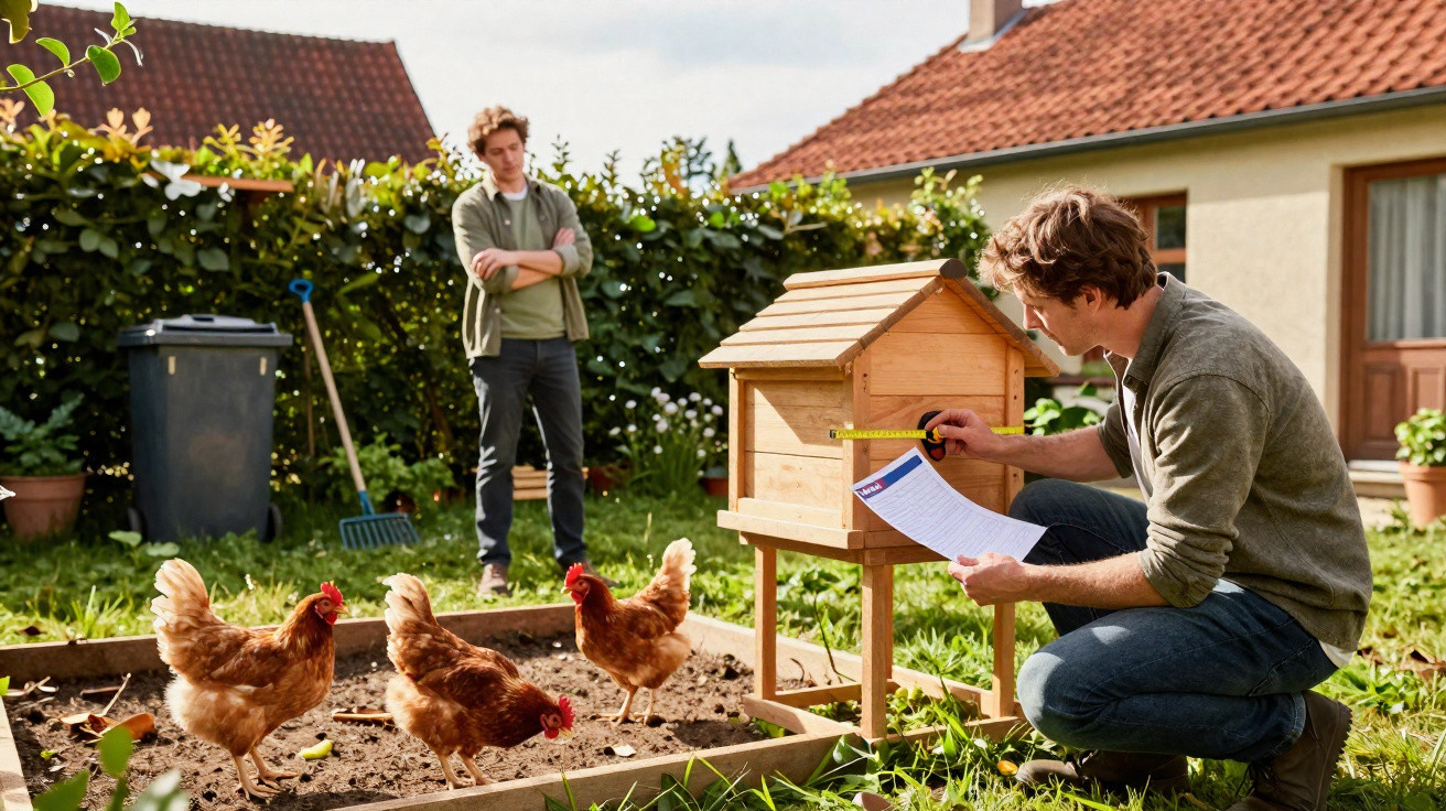 Mann misst Holz-Hühnerstall im Garten, während andere Person und Hühner im Beet stehen.