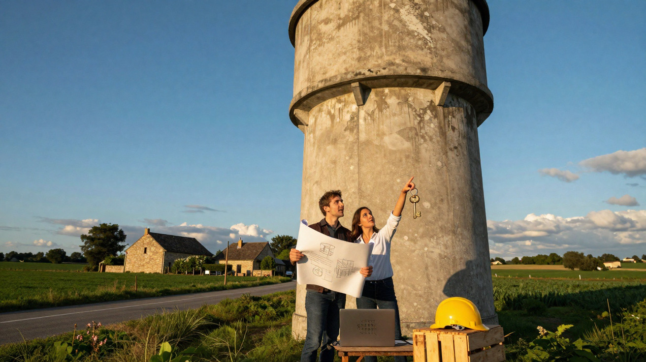 Zwei Personen mit Bauplänen vor einem Wasserturm auf dem Land, eine zeigt nach oben, Helmschale auf Holzkiste.