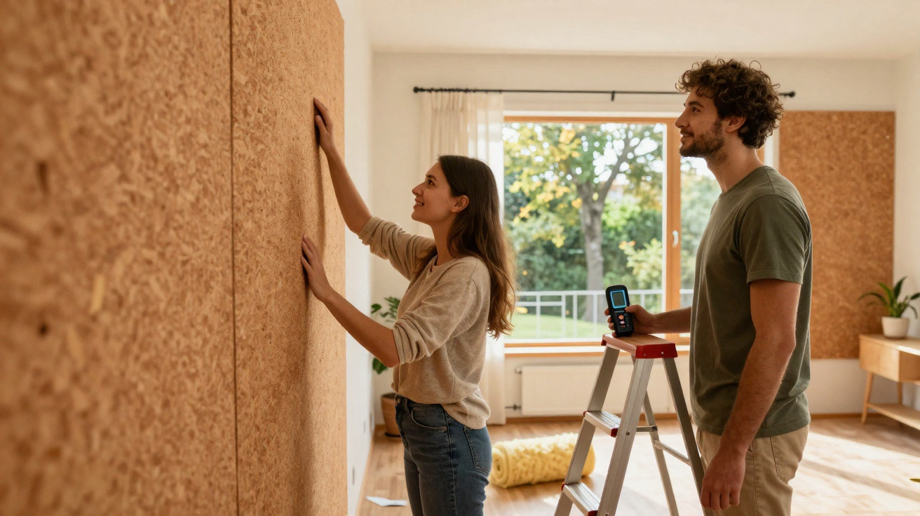 Junges Paar bringt Korkplatten an Wand in hellem Wohnzimmer mit Fenster an.