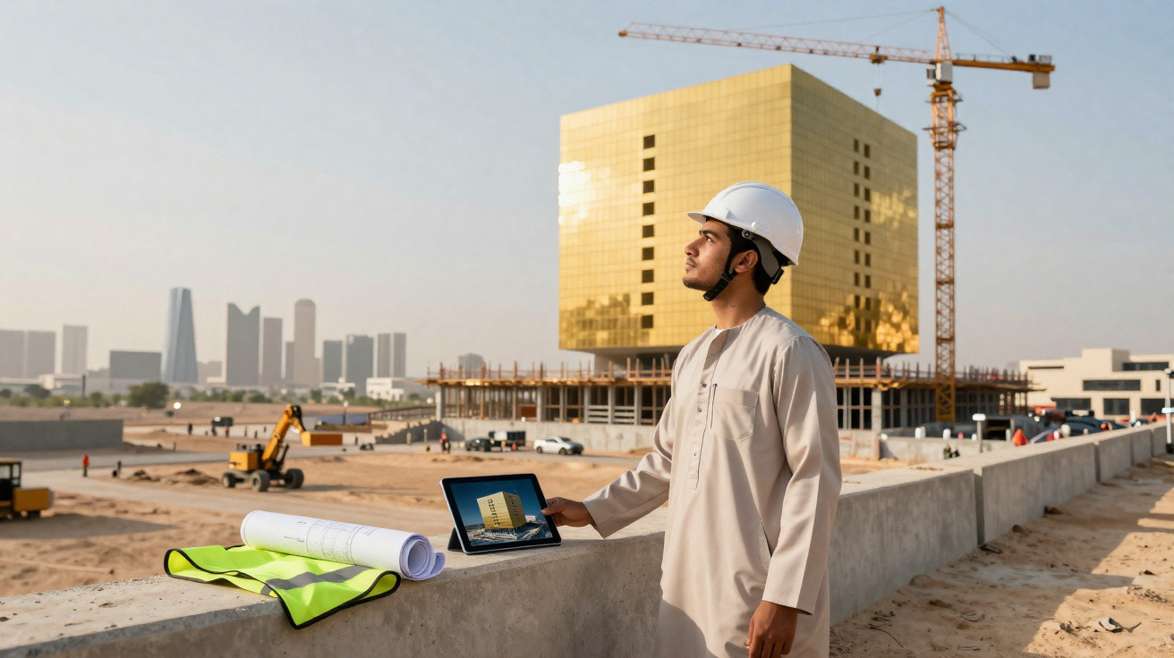 Bauleiter in traditioneller Kleidung und Helm prüft Baustelle vor goldenem Gebäude mit Tablet und Plänen.