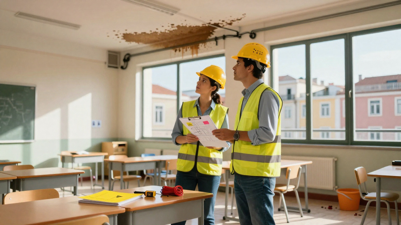 Zwei Bauingenieure mit Schutzhelmen und Warnwesten inspizieren eine verstopfte Decke in einem Klassenraum.