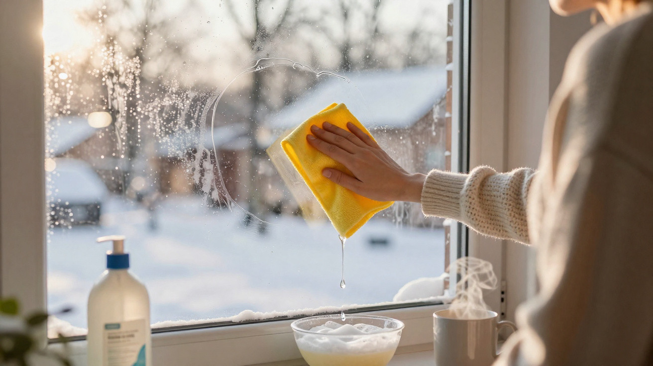 Person wischt mit gelbem Tuch und Spülmittel ein verschmutztes Fenster an einem sonnigen Wintertag.