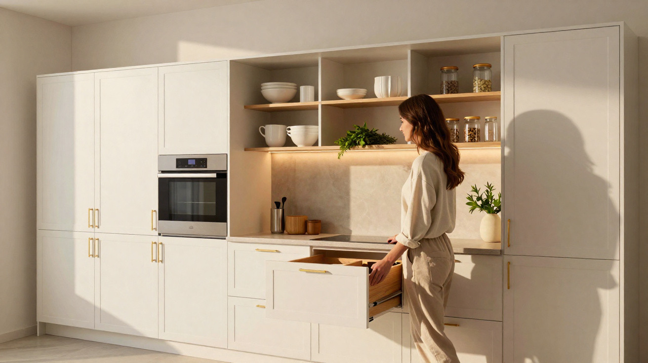 Frau öffnet eine Schublade in moderner, heller Küche mit eingebautem Backofen und offenen Regalen.