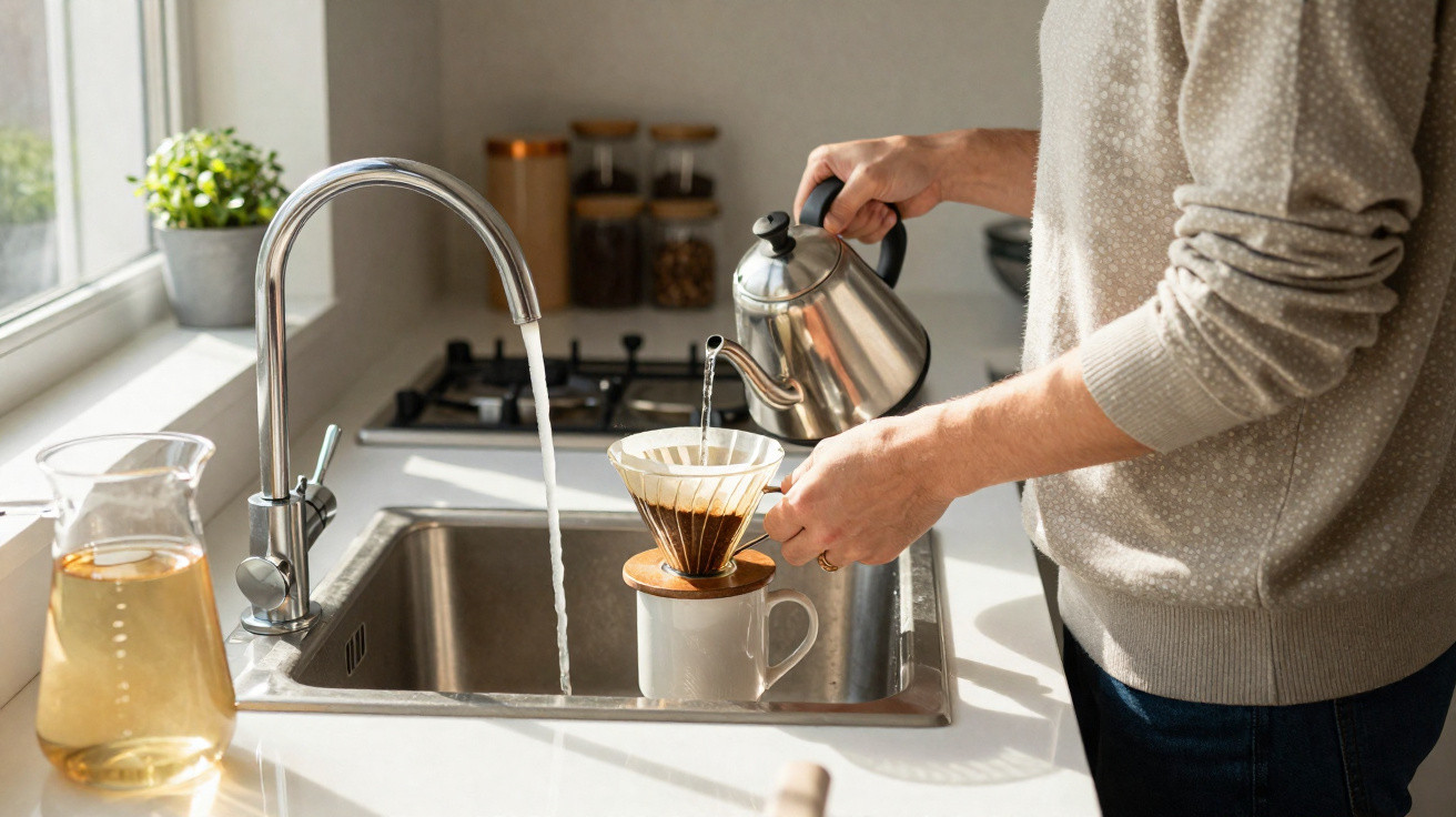 Person gießt heißes Wasser aus Edelstahl-Wasserkessel in Kaffeefilter über einer Tasse in moderner Küche.