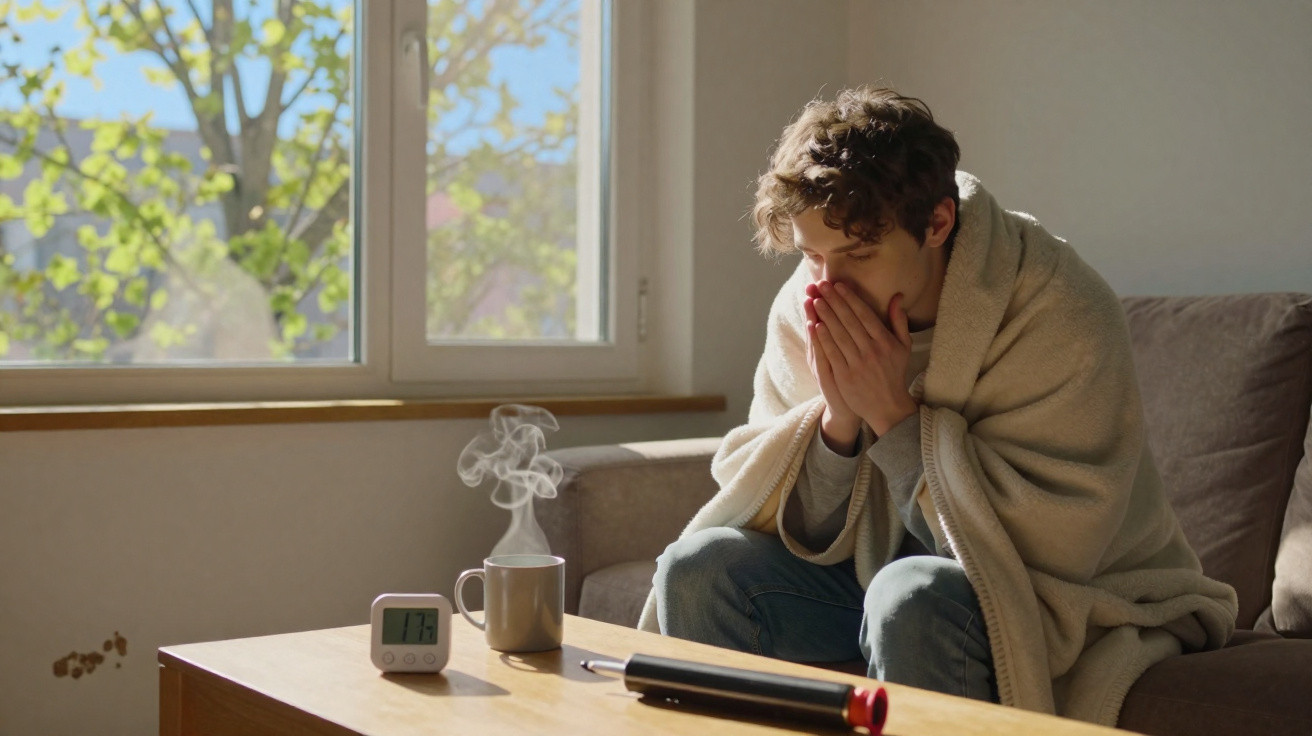 Junger Mann friert auf Sofa, in Decke gehüllt, mit heißem Getränk und Fieberthermometer auf Tisch.