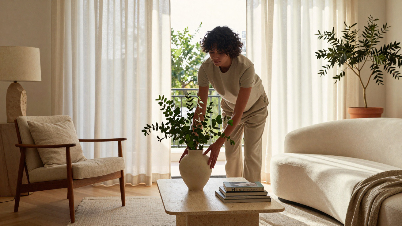 Frau stellt Vase mit grünen Zweigen auf Couchtisch in hellem, modernem Wohnzimmer mit Pflanzen.