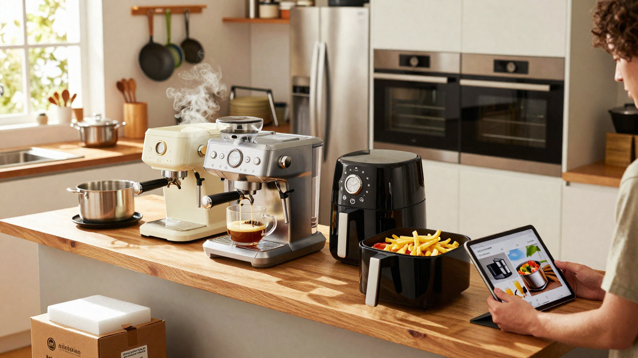 Moderne Küche mit Kaffeemaschinen, Heißluftfritteuse und Person, die Tablet bedient.