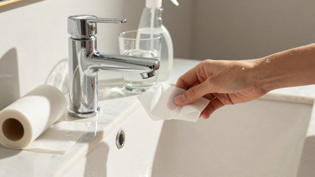 Hand wischt Waschbeckenrand mit Reinigungstuch, neben Wasserhahn und Papierrolle im Bad.