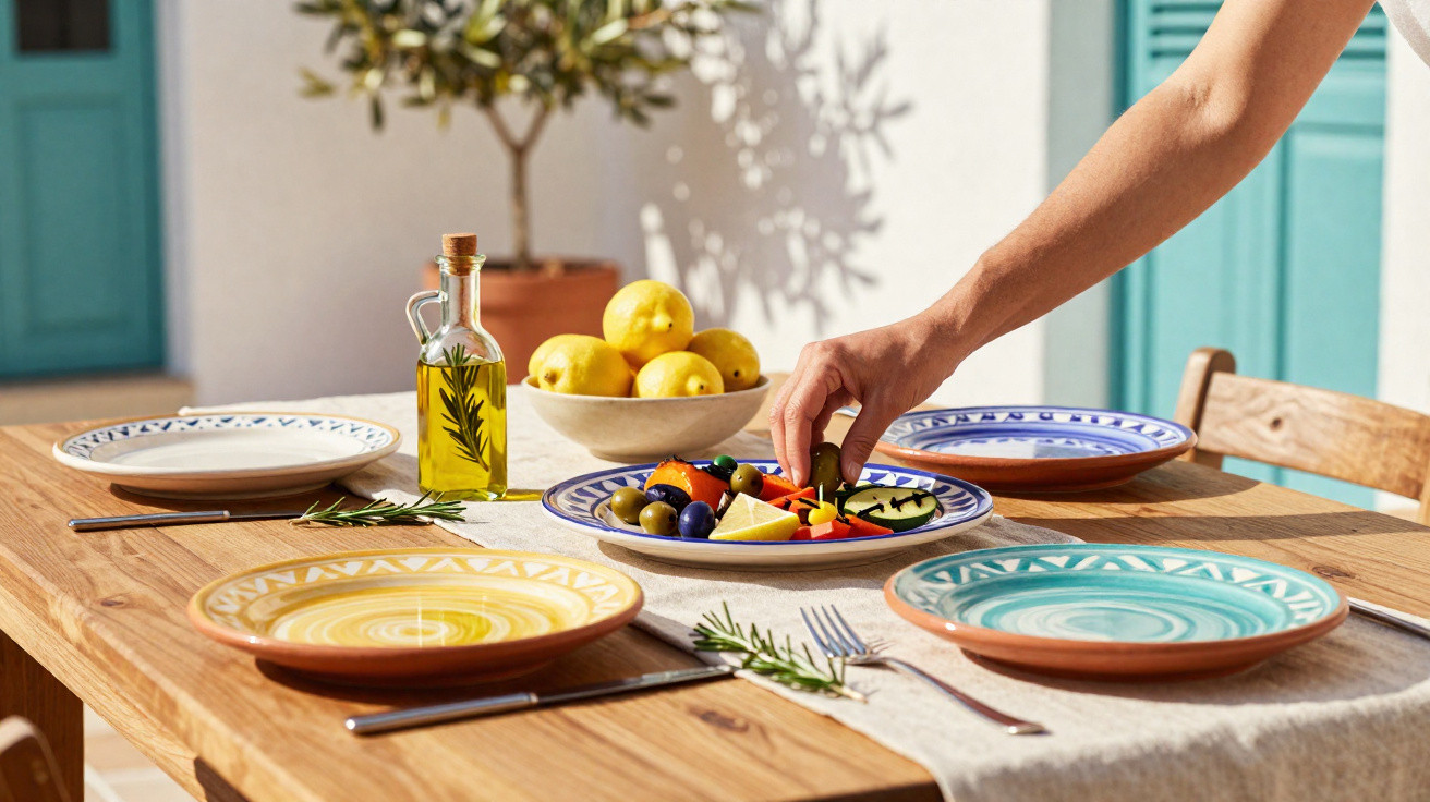 Hand nimmt Olive von mediterraner Vorspeisenplatte auf rustikalem Holztisch mit bunten Tellern und Zitronenschale.
