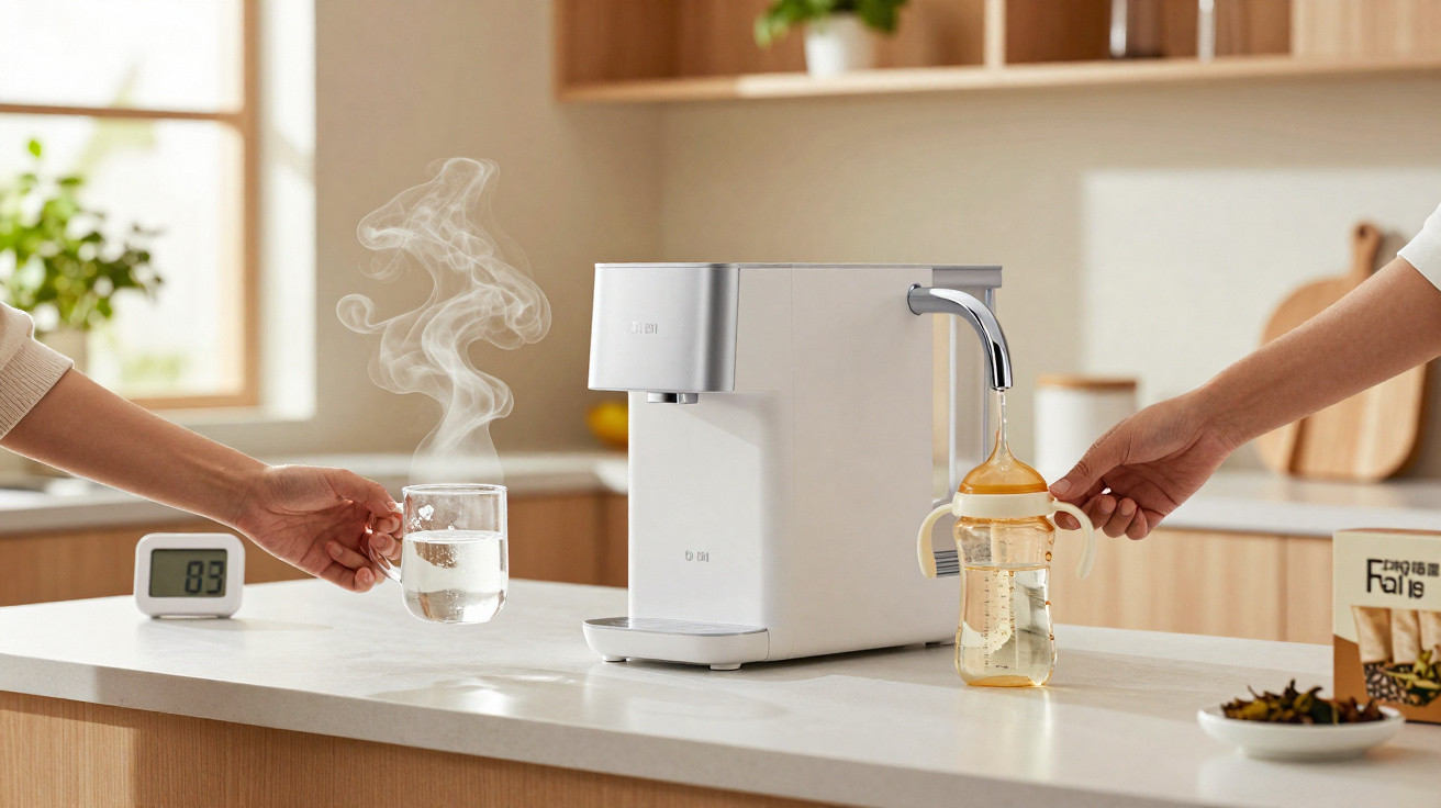 Dampfender Wasserglas und Babyflasche werden mit heißem Wasser aus modernem Wasserspender in heller Küche befüllt.