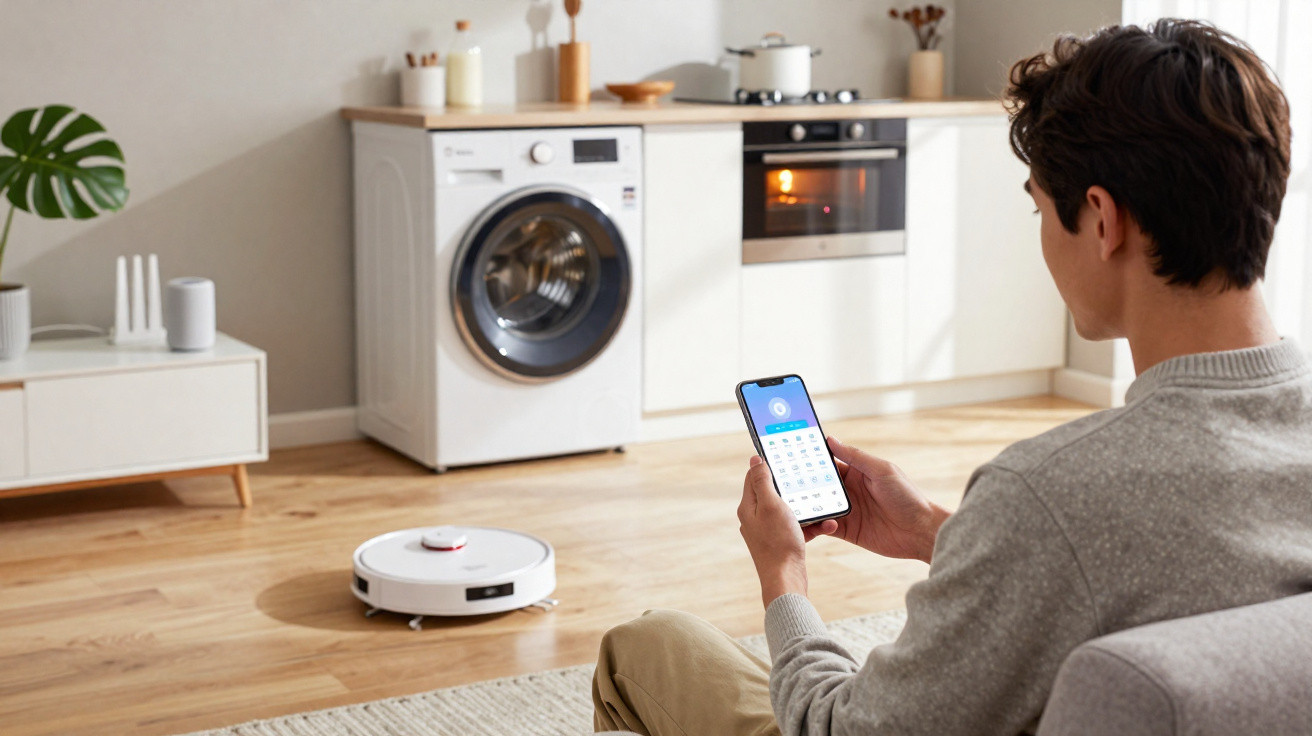 Mann steuert Saugroboter per Smartphone in modernem Wohnzimmer mit Waschmaschine und Ofen.