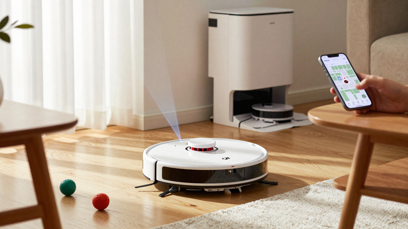 Roboterstaubsauger reinigt Holzfußboden, gesteuert per Smartphone-App in modernem Wohnzimmer mit Ladestation.