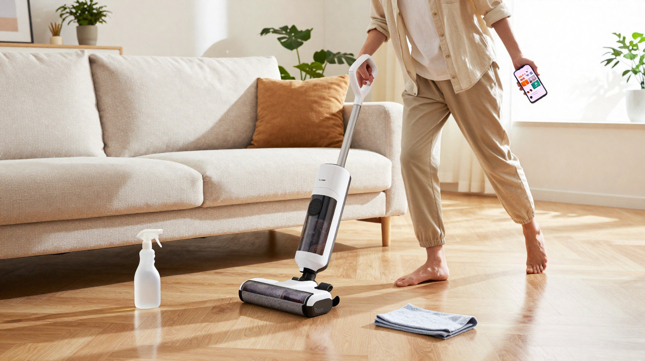 Person bedient kabellosen Staubsauger im Wohnzimmer mit Handy in der Hand, neben Sofa und Reinigungsmittel auf Parkettboden.