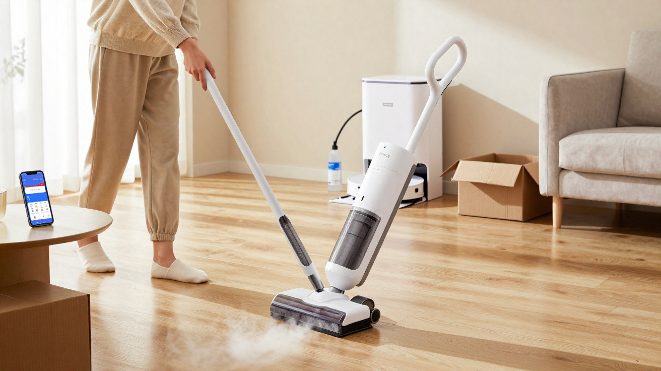 Person reinigt Laminatboden mit Dampfreiniger in hellem Wohnzimmer mit Sofa und Kartons
