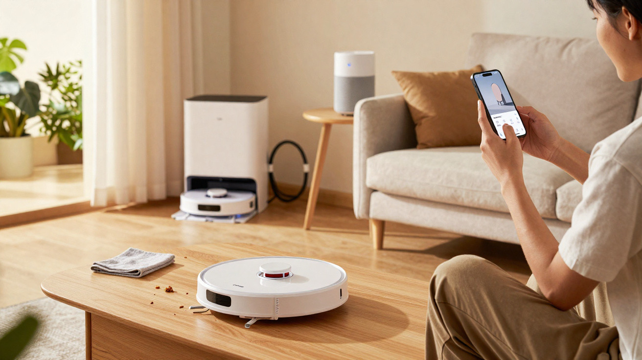 Person steuert Roboterstaubsauger über Smartphone in hellem Wohnzimmer mit Holzboden und Sofa.