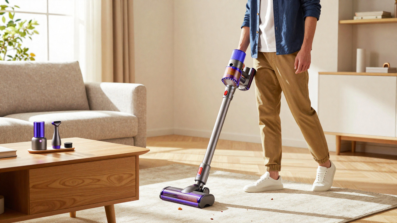 Person reinigt Wohnzimmerteppich mit kabellosem Handstaubsauger in modernem Wohnzimmer.