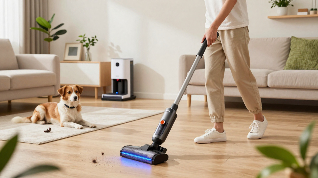 Person saugt mit kabellosem Staubsauger in modernem Wohnzimmer, Hund liegt auf Teppich und beobachtet.