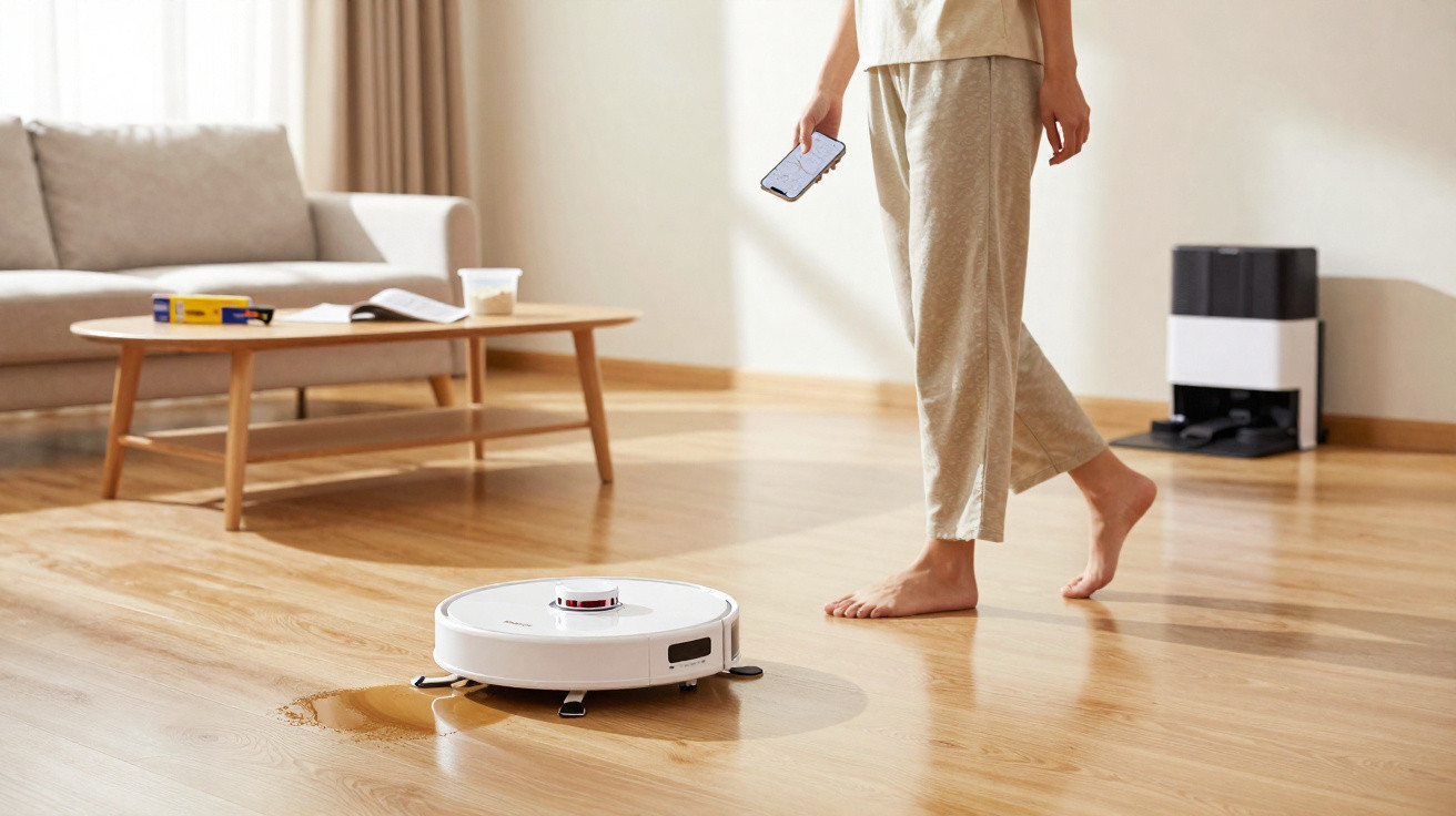 Roboter-Staubsauger reinigt verschüttete Flüssigkeit auf hellem Holzboden in modernem Wohnzimmer.
