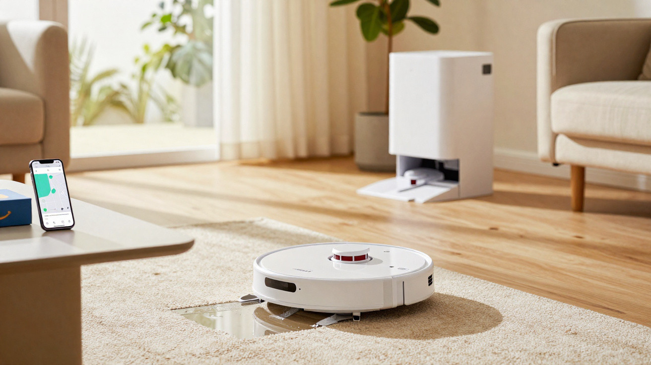 Moderner Saugroboter reinigt Teppich in hellem Wohnzimmer mit Smartphone-Steuerung und automatischer Ladestation.