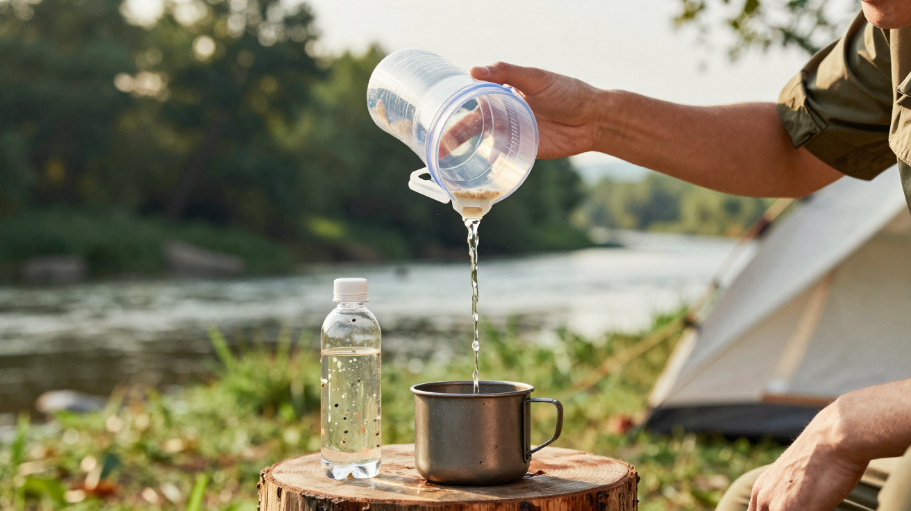 Person gießt Wasser aus einem Messbecher in eine Tasse am Fluss mit Zelt im Hintergrund.
