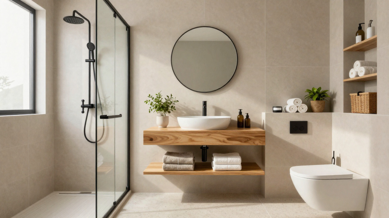 Modernes Badezimmer mit ebenerdiger Dusche, rundem Spiegel, Waschbecken auf Holzregal und hängendem WC.
