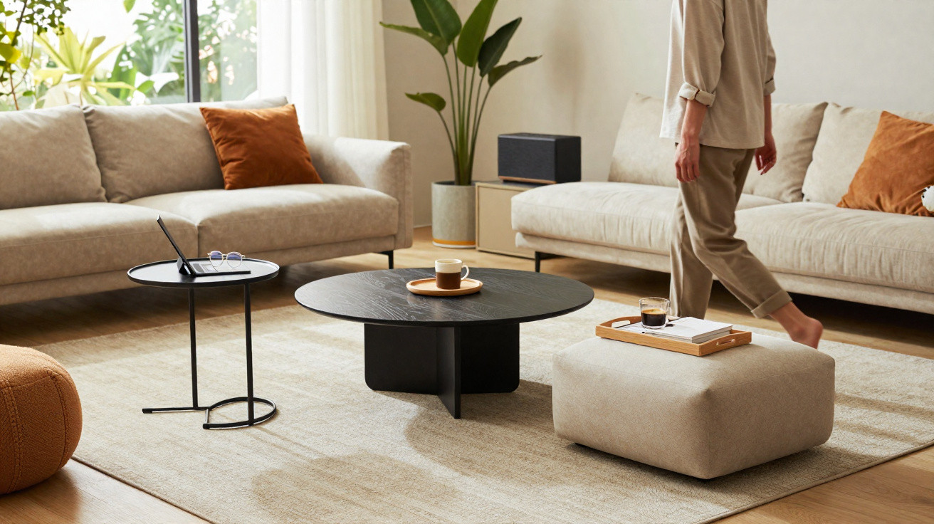 Moderner Wohnzimmerbereich mit zwei Sofas, Couchtischen, Teppich und stehender Person in entspannter Haltung.
