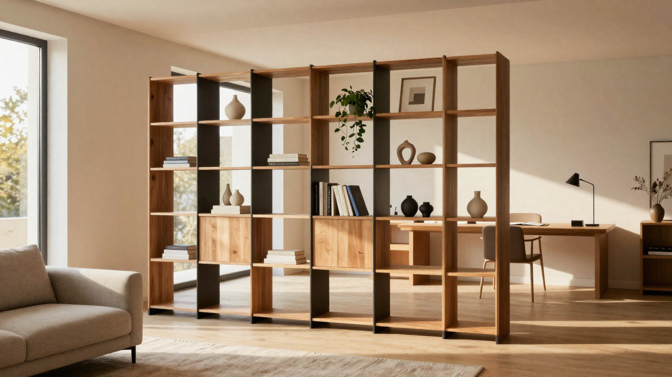 Helles, minimalistisches Wohnzimmer mit offenem Holzregal, Sofa und Schreibtisch im Hintergrund.