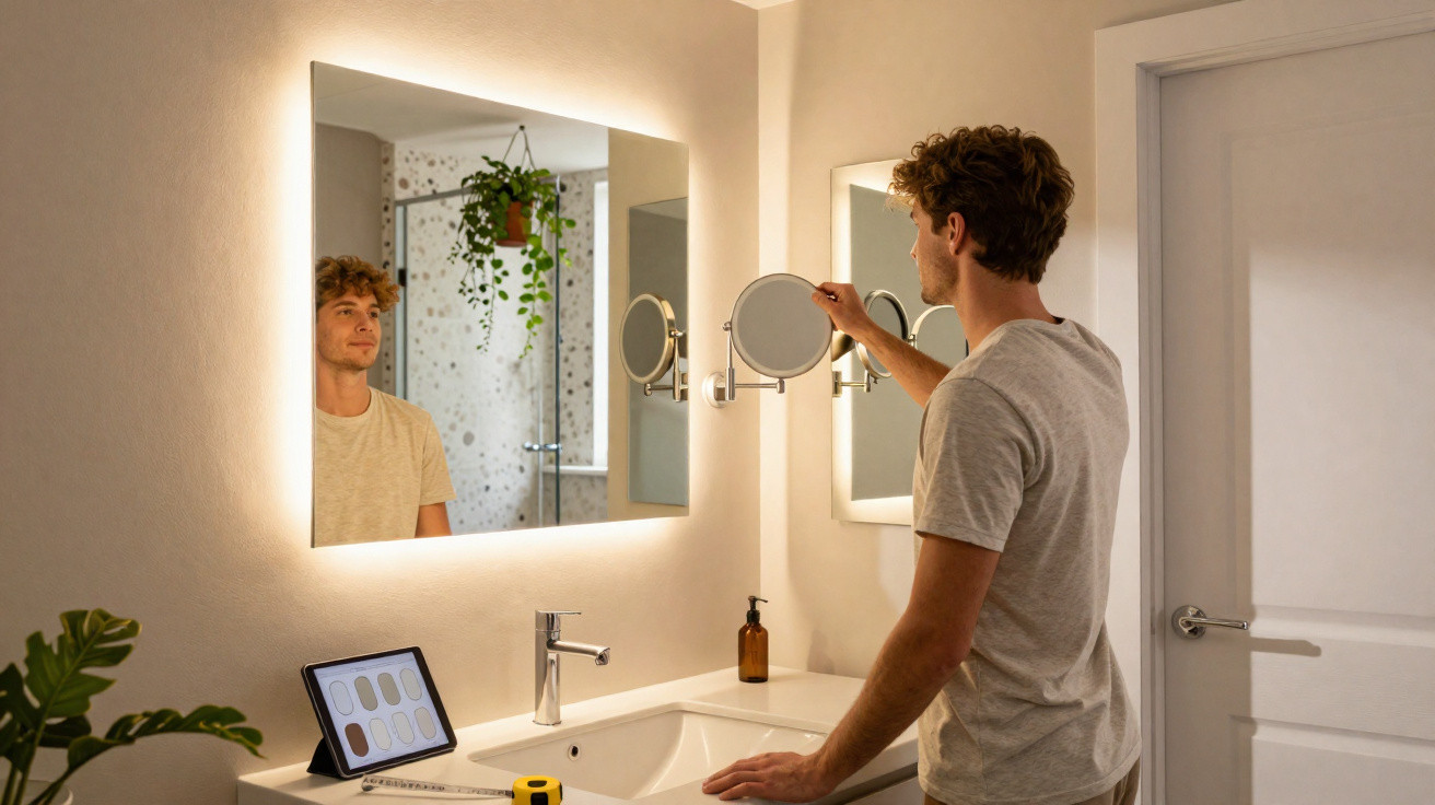 Mann im Badezimmer passt einen Wandspiegel an, beleuchteter Spiegel und Tablet auf dem Waschbecken sichtbar.