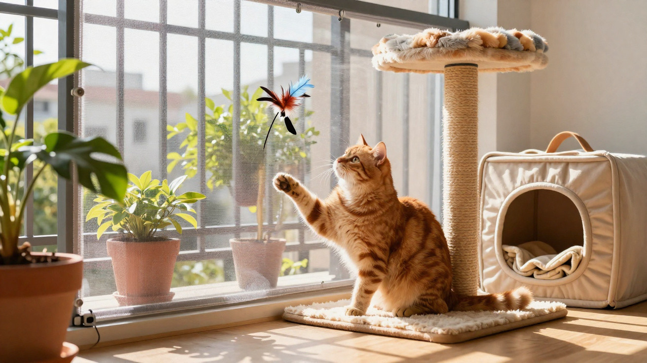Stehende rote Katze spielt mit Feder-Spielzeug vor Balkonfenster auf Teppich neben Kratzbaum und Katzenhöhle.