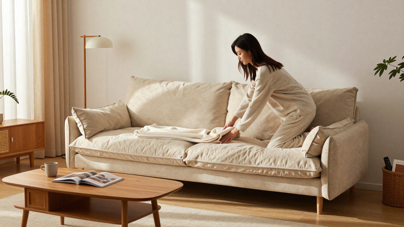 Frau richtet Decke auf hellem Sofa in minimalistischem Wohnzimmer mit Holzmöbeln und Tageslicht.