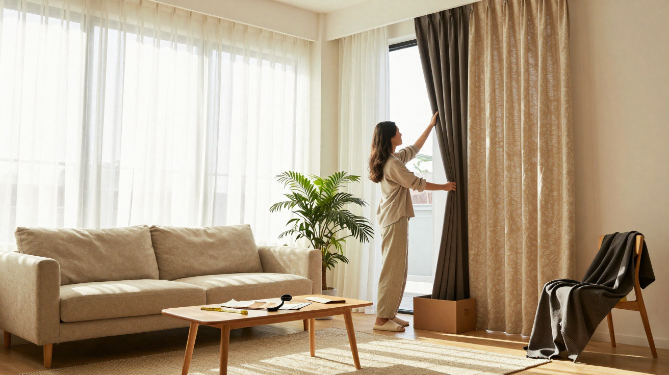 Frau öffnet Gardinen in hellem Wohnzimmer mit Sofa, Couchtisch, Stuhl, Decke und Zimmerpflanze.
