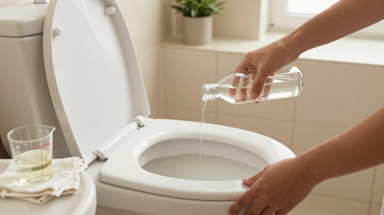 Person gießt Flüssigkeit aus einer Glasflasche in eine offene Toilette im Badezimmer.