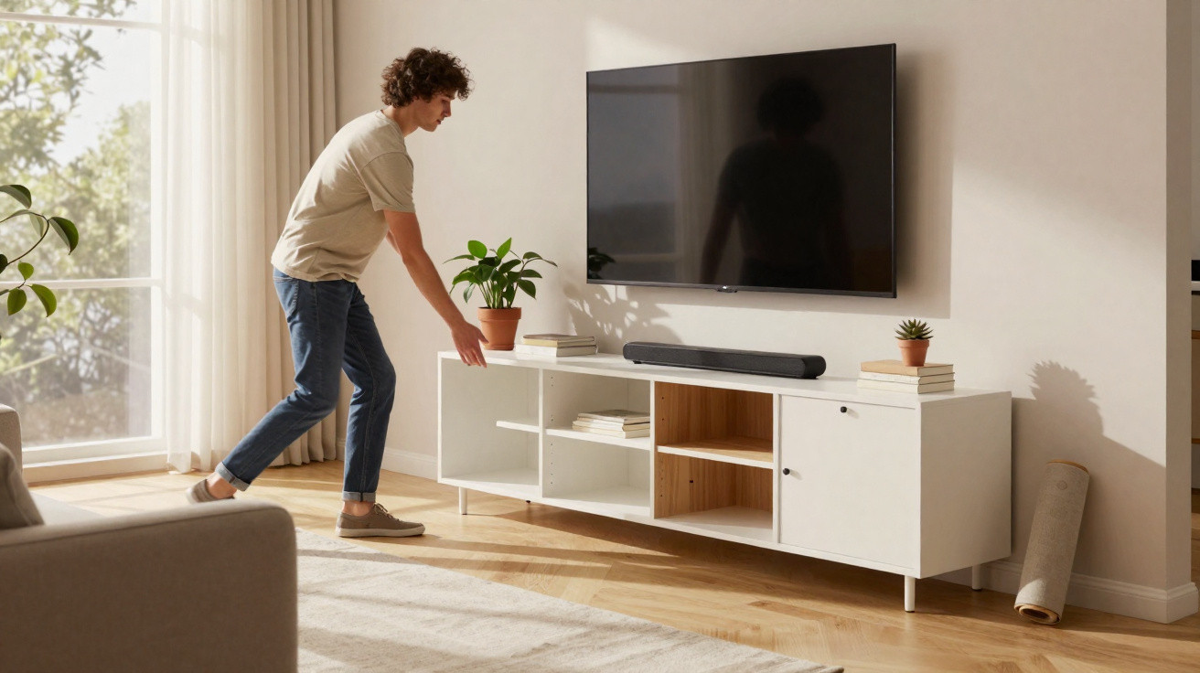 Junger Mann richtet ein modernes weißes Sideboard unter einem Wand-TV in hellem Wohnzimmer ein.