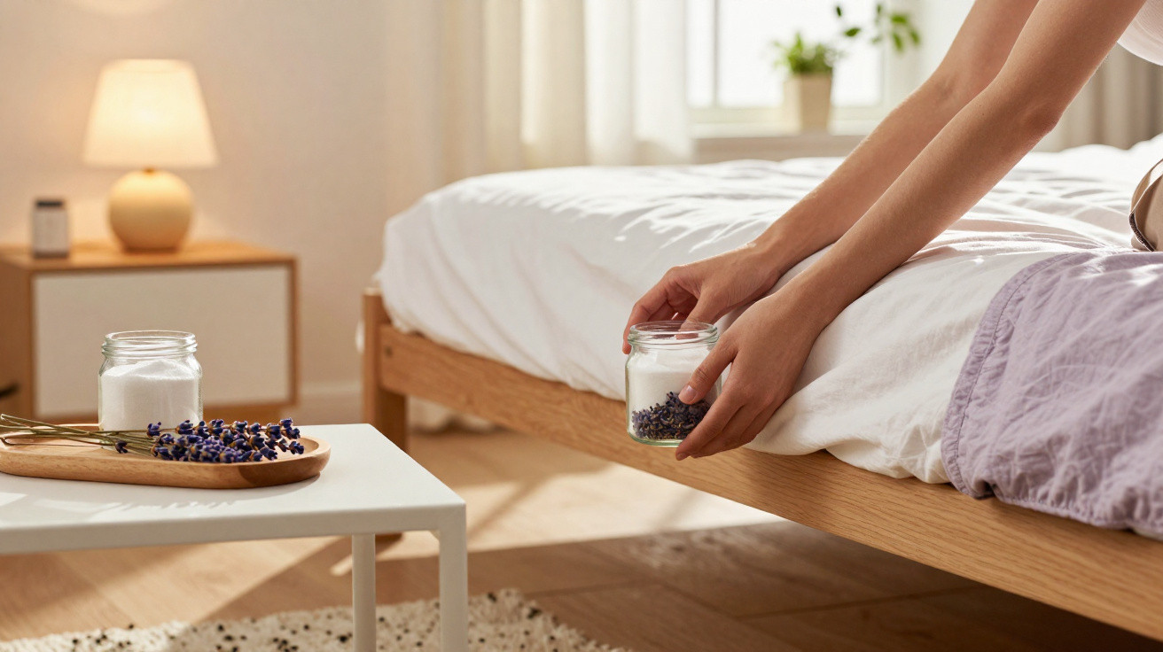 Person streut Lavendelblüten aus einem Glas für aromatische Entspannung im Schlafzimmer mit Holzbett und Lampe.
